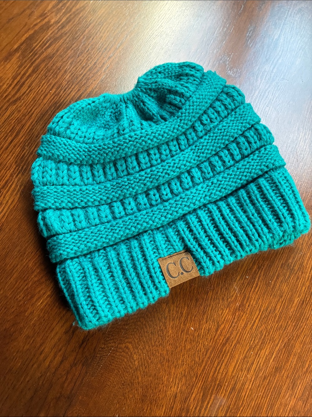 C.C Teal Cable Knit Beanie - With Pony Tail Opening